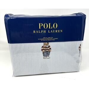 Polo Bear Ralph Lauren Teddy Bear FULL Sheet Set Light Blue Striped 4 Piece NIP
